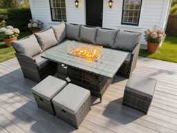 Fimous High Back Corner Rattan Garden Furniture Sofa Gas Fire Pit Dining Table Sets Gas Heater 9 Seater 3 Small Footstools