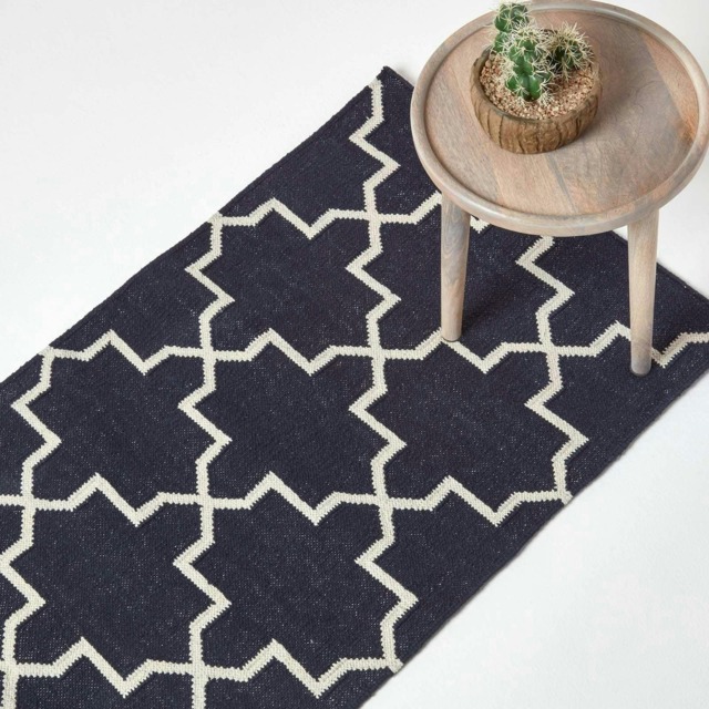 Homescapes Edmonton Handwoven Navy Blue and White Cotton Geometric KIlim Hall Runner - 66 x 200 cm Blue Navy and white