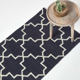 Homescapes Edmonton Handwoven Navy Blue and White Cotton Geometric KIlim Hall Runner - 66 x 200 cm Blue Navy and white