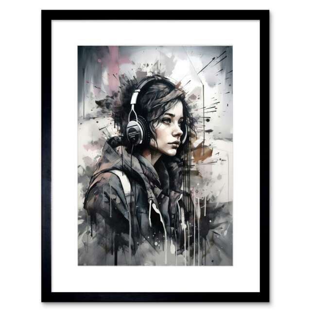 "Teenager Girl Black Hoodie Listening to Music Headphones 9x7"" Black Framed Wall Art Print"