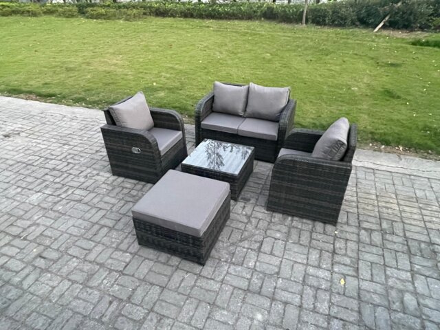 Fimous Wicker PE Rattan Garden Furniture Set Outdoor Lounge Sofa Set with Love Sofa Square Coffee Table Big Footstool Dark Grey Mixed