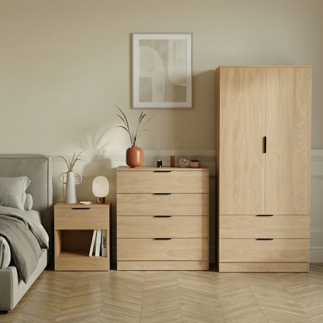 Vida Designs Trega 3 Piece Bedroom Set (1 Drawer Bedside Chest, 4 Drawer Chest, 2 Door 2 Drawer Wardrobe) Pine
