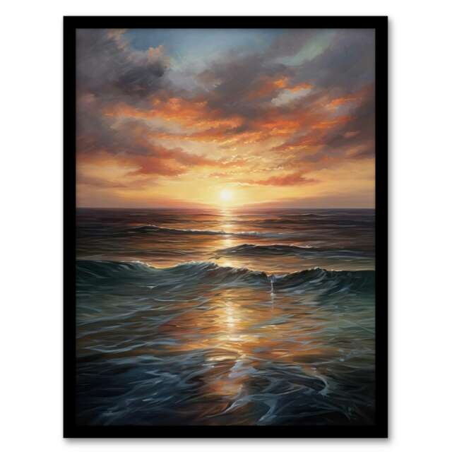 Tranquil Seascape Sunset Ocean Waves On Sea Black Framed Wall Art Print A4