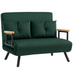 HOMCOM 2 Seater Sofa Bed, Click Clack Convertible Bed Settee, Modern Velvet Feel Fabric Sofa Couch with 2 Tufted Cushions, Wood Armrests for Living Room, Bedroom, Guest Room, Green Green green One Size