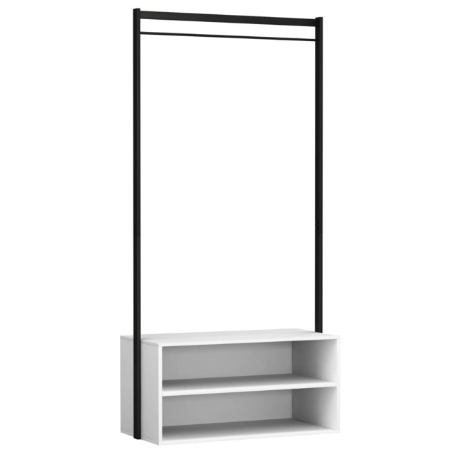 Wooden Shoe Rack Shelf Storage and Metal Clothes Coat Garment Hanging Display Rail White White