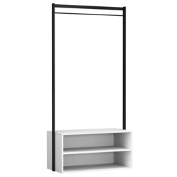 Wooden Shoe Rack Shelf Storage and Metal Clothes Coat Garment Hanging Display Rail White White
