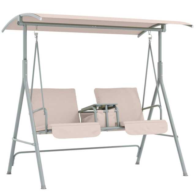 Outsunny 2 Person Covered Patio Swing with Pivot Table & Storage Console Beige White Beige L