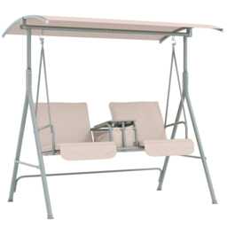 Outsunny 2 Person Covered Patio Swing with Pivot Table & Storage Console Beige White Beige L