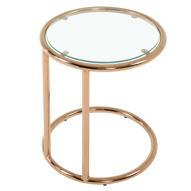 Living and Home Round Side Table with Tempered Glass Top - Rose Gold