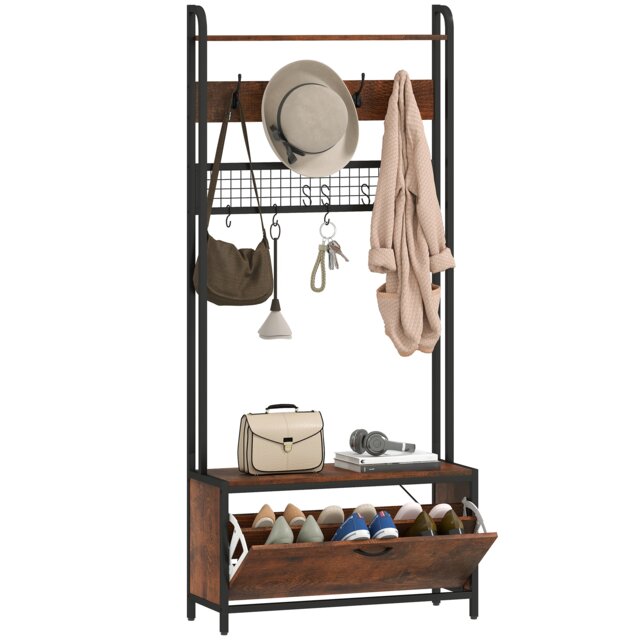 HOMCOM Industrial Hall Tree Coat Rack Stand with Shoe Cabinet Rustic Brown Brown Black 1
