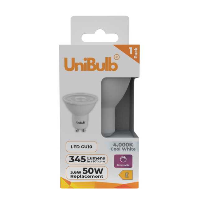 UniBulb LED GU10 345lm 3.6W (Replaces 50W) 3000K (Cool White) Spotlight Downlight Dimmable Light Bulb - Pack of 1 White Cool White 1