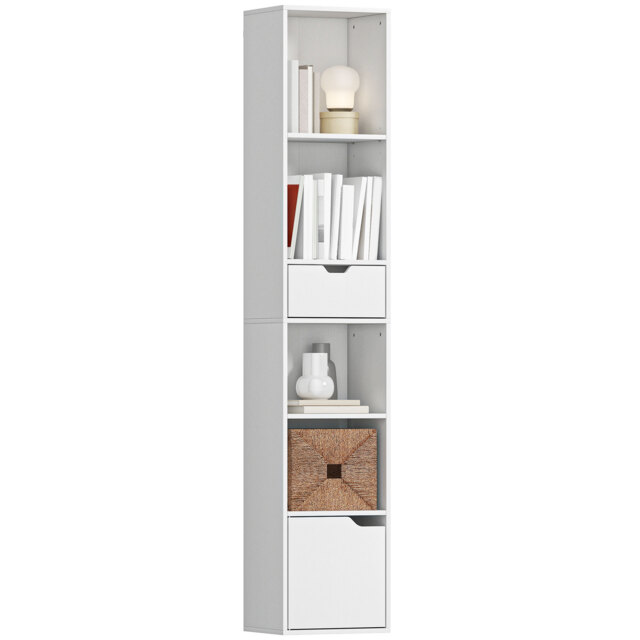 HOMCOM 6-Tier Bookcase, Tall Narrow Bookshelf with Drawer, Door, Adjustable Shelf, Modern Display Standing Shelving Unit for Living Room, Home Office, Bedroom, 30 x 24 x 158 cm, White White White