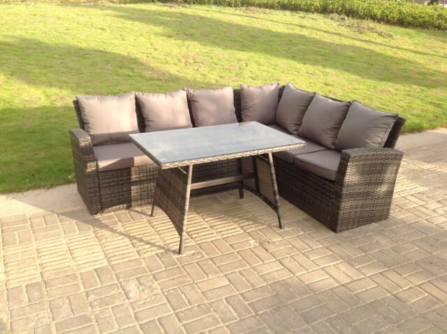 Fimous High Back Grey Mixed Outdoor garden furniture Rattan Corner Sofa Dining Set Table 6 Seater right corner