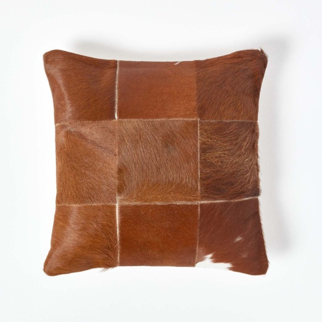 Homescapes Beige Real Leather & Goat Hair Large Check Cushion with Feather Filling - 45 x 45 cm Cream Large check Beige 1