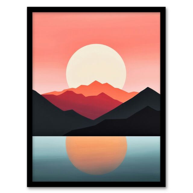 Reflecting Sea At Sunrise Calming Minimalist Black Framed Wall Art Print A4