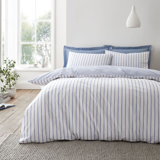 Bianca Hampton Stripe 200 Thread Count Cotton Reversible Duvet Cover Set Blue Single