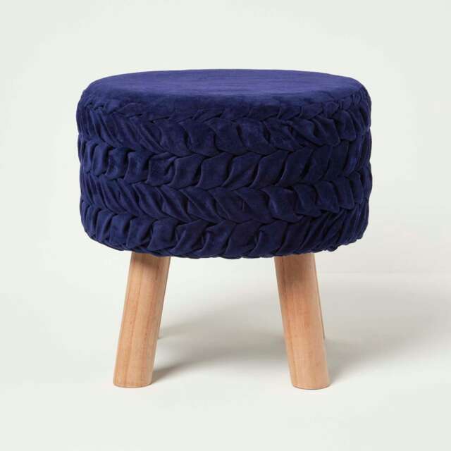 Homescapes Lyla Blue Pleated Velvet Footstool - 40 cm Tall