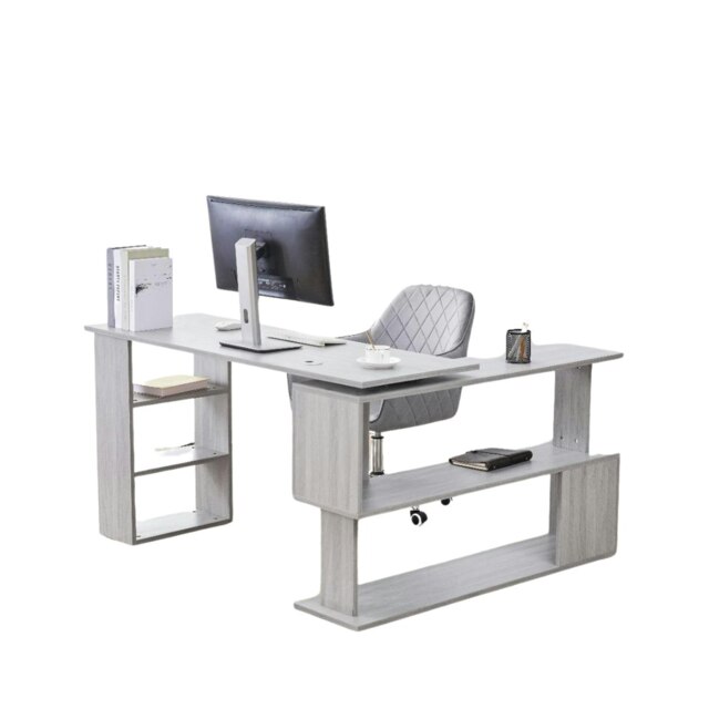 Grey Office Desk L-shaped with Grey Velvet Upholstered Chair Wooden Room Furniture Grey