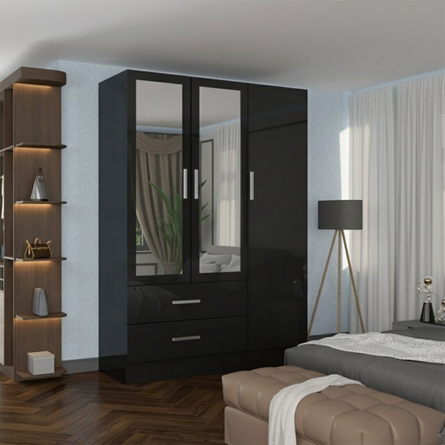 Sliding Wardrobes 4U High Gloss Wardrobe Range with Mirror & Gold Handles - Available in 2, 3 or 4 Door Sizes, White, Black or Grey Finish Black Black 116cm