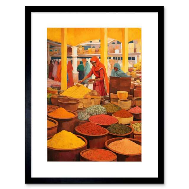 "Spice Market Herbs Spices Colourful Kitchen 9x7"" Black Framed Wall Art Print"