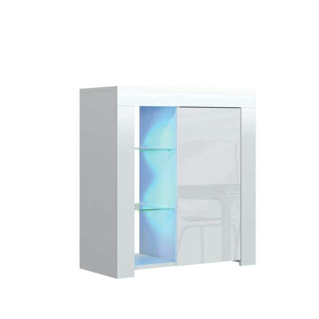 Sideboard 75cm White Gloss Door White Matt Body Glass Shelves Free LED White