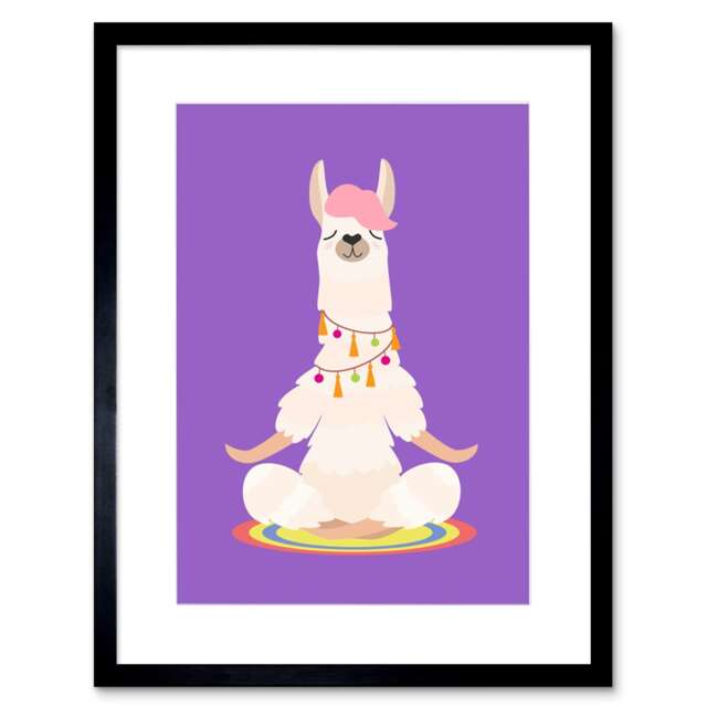 "Cute Llama Meditation Cartoon Purple Kids Bedroom 9x7"" Black Framed Wall Art Print"