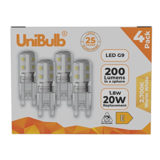 UniBulb LED G9 200lm 1.8W (Replaces 20W) 2700K (Warm White) Capsule Light Bulb - Pack of 4 White Warm White 4