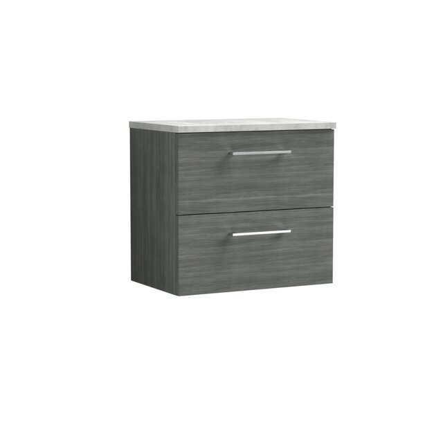 Balterley Level Wall Hung 2 Drawer Vanity Unit with Laminate Worktop for Modern Bathroom Storage Grey Anthracite Woodgrain