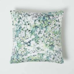 Homescapes Floral Garden Green Velvet Filled Cushion - 46 x 46 cm Green Grey, White, Green 1