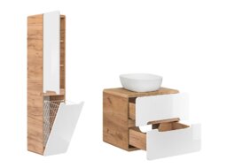 Bathroom Cabinets Furniture Set with Tall Laundry Basket Unit and 600 Vanity Countertop Sink White Gloss Oak Arub