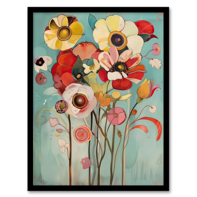 Soft Abstract Wildflower Bouquet Living Room Black Framed Wall Art Print A4