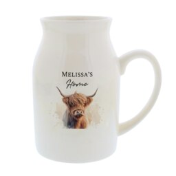 Personalised Highland Cow Flower Jug Vase White