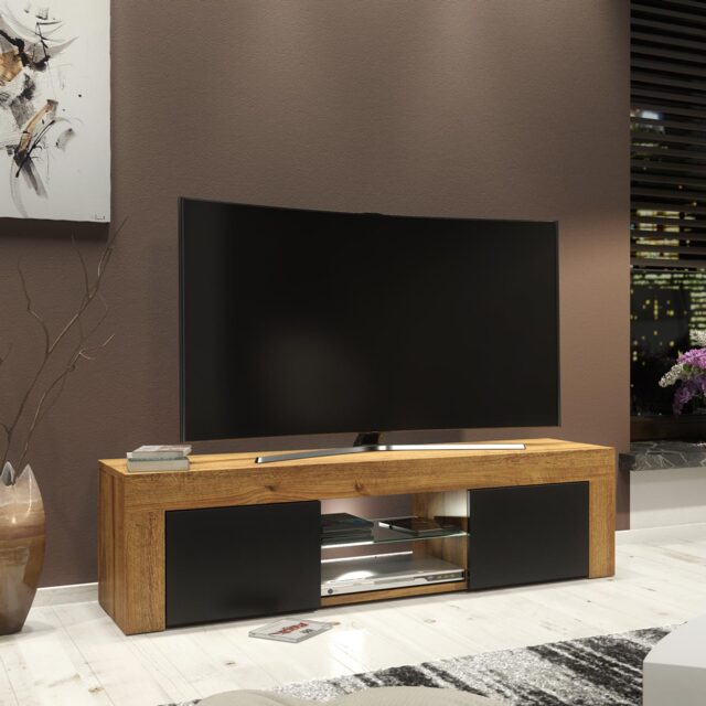 TV Unit TV Stand Cabinet Sideboard Oak Black Matt Free LED 130cm