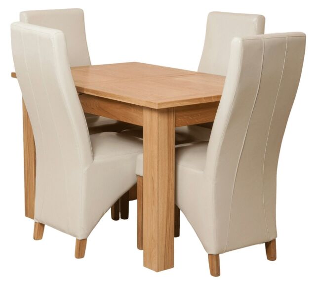 Hampton 120-160cm Oak Extending Dining Table and 4 Lola Leather Chairs Cream Cream