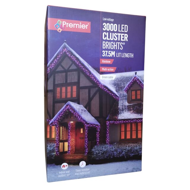 3000 LED 37.2m Premier Clusterbrights Indoor Outdoor Multifunction Mains Operated Christmas Cluster Lights with Timer in Rainbow