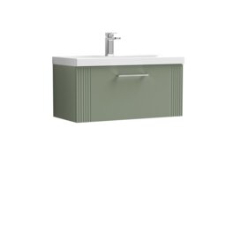 Balterley Partial Fluted 1 Drawer Wall Hung Vanity Unit with Mid-Edge 1 Tap Hole Ceramic Basin Green Satin Green