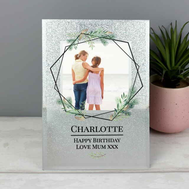 Personalised Geo Leaves 4x4 Glitter Glass Photo Frame Silver One Size