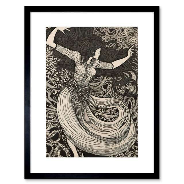 "Long Haired Woman Dancing to Music Boho Dress 9x7"" Black Framed Wall Art Print"