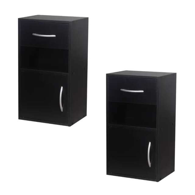 2-Pcs Wooden Bedside Cabinets with 1 Door & 1 Drawer Black 1