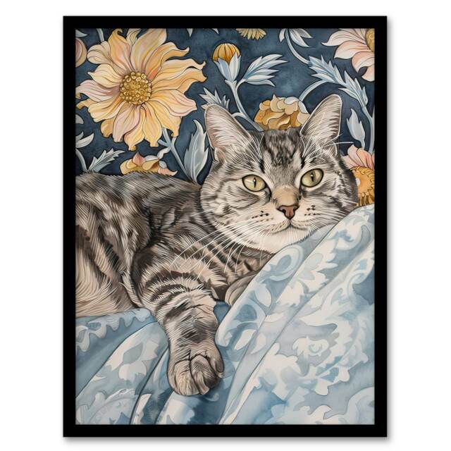 Cat Lover Tabby Moggie Elegant Floral Portrait Black Framed Wall Art Print A4