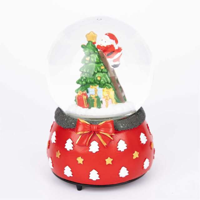 Shatchi Musical Christmas Snowglobe Large Water Ball Features Christmas Santa Kids Scene House Resin Base- 10x15cm