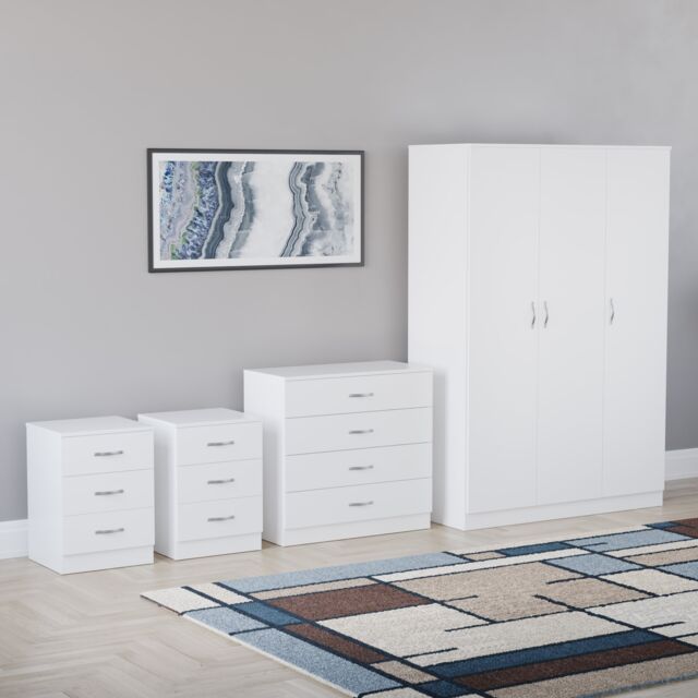 Vida Designs Riano 4 Piece Bedroom Set (3 Drawer Bedside Chest, 4 Drawer Chest, 3 Door Wardrobe), White (6)