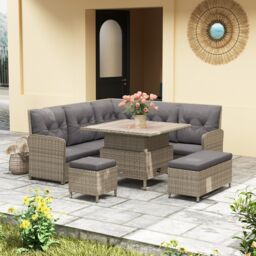 Outsunny 6 PCs Rattan Garden Furniture Sectional Corner Sofa, Light Grey Grey One Size