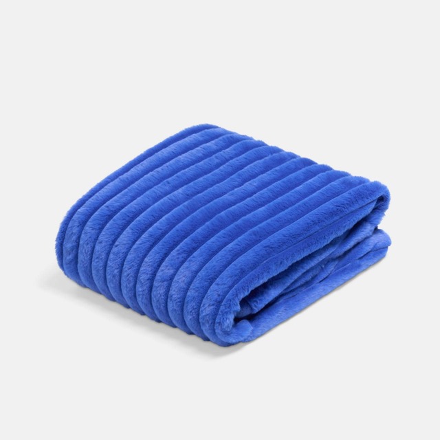 OHS Faux Fur Ribbed Fleece Throw Over Bed Blanket Winter Warm Supersoft - 125 x 150cm Blue Cobalt Blue