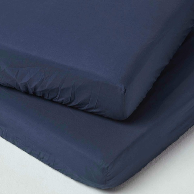 Homescapes Navy Cotton Fitted Cot Sheets 200 Thread Count, 2 Pack Blue One Size