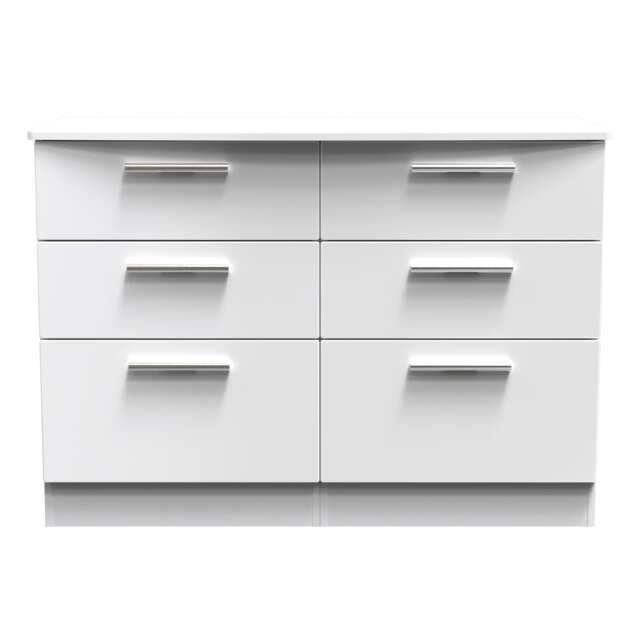Windsor 6 Drawer Wide Chest of Drawers in White Gloss & White Matt (Ready Assembled) White White Gloss & White Matt