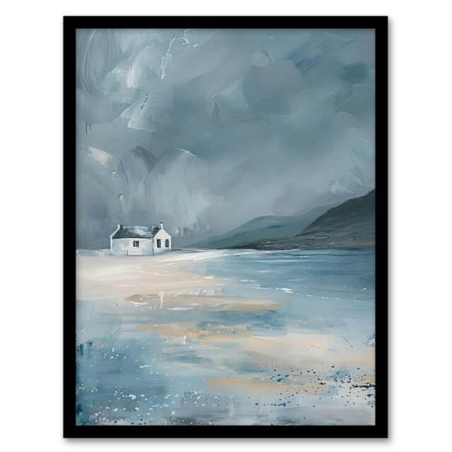 Classic Scottish Cottage On Coast Oil Living Room Black Framed Wall Art Print A4