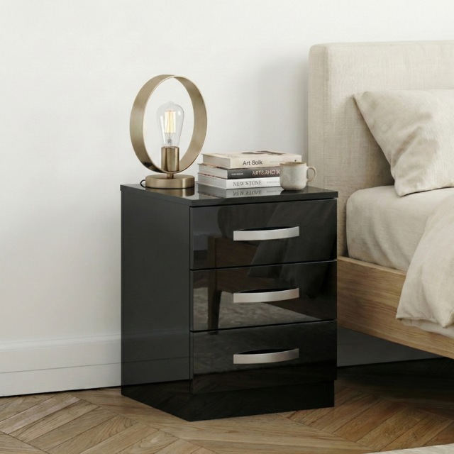 Vida Designs Hulio 3 Drawer Bedside Chest High Gloss Cabinet Table Nightstand, Black
