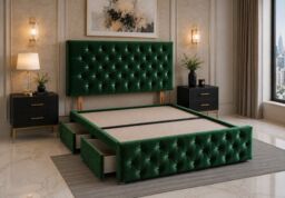 Divan Bed with Upholstered Headboard & Footboard Base 4FT6 Double Green Plush 4 Drawers