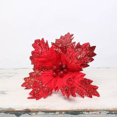 Red Velvet Poinsettia with Glitter Detail Medium Christmas Pick Decoration 35cm